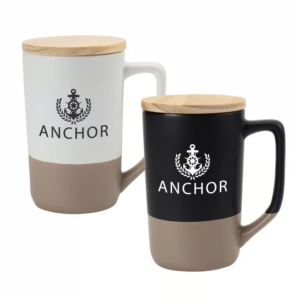 Two-toned Ceramic Mugs with Clay Bottom, Bamboo Lid – image 1