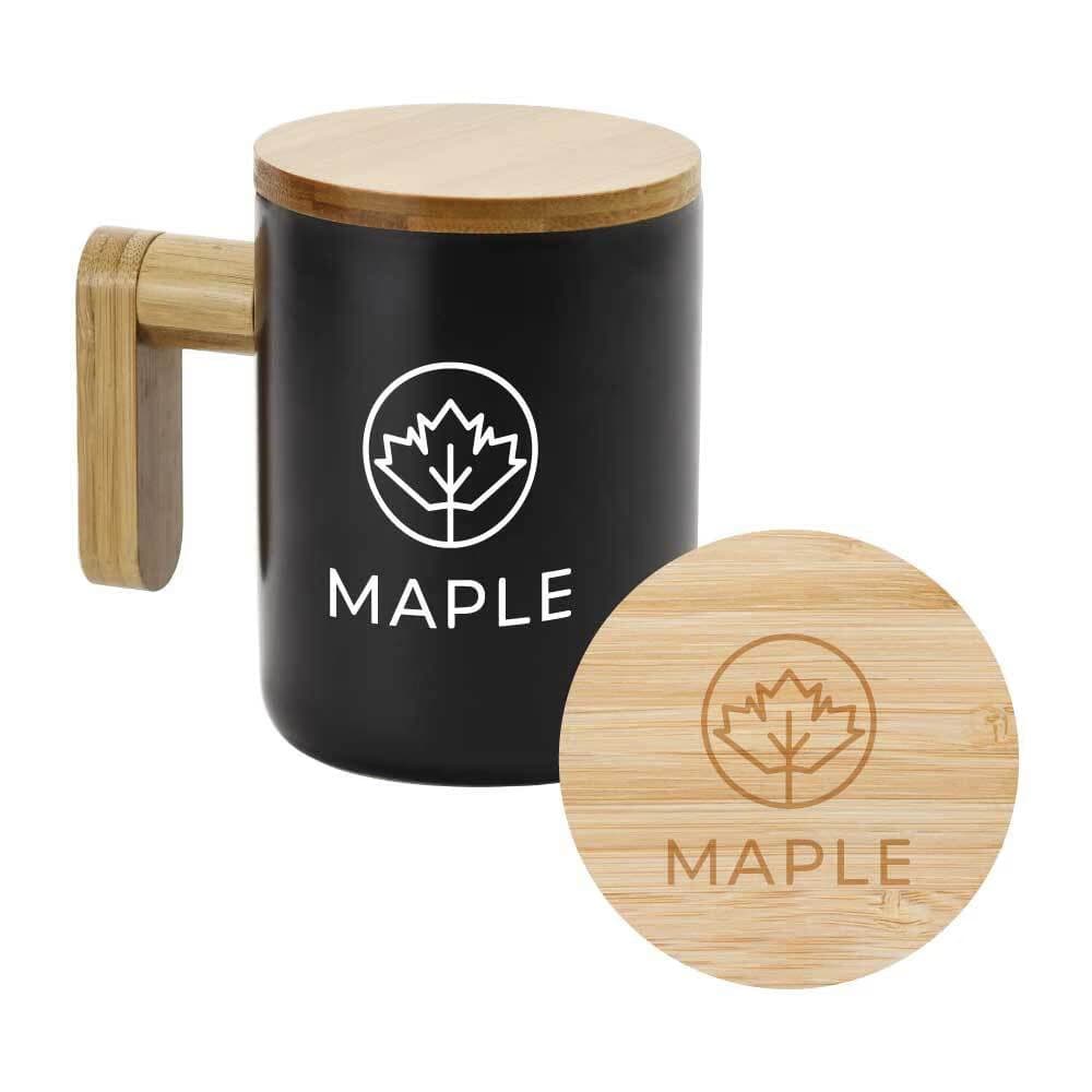 Black Ceramic Coffee Mugs with Bamboo Handle and Lid – image 1