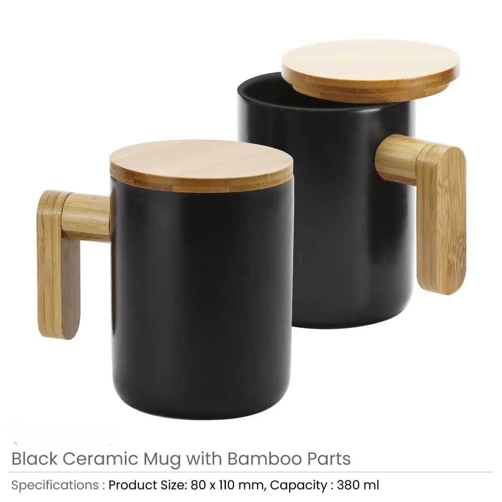 Black Ceramic Coffee Mugs with Bamboo Handle and Lid – image 3